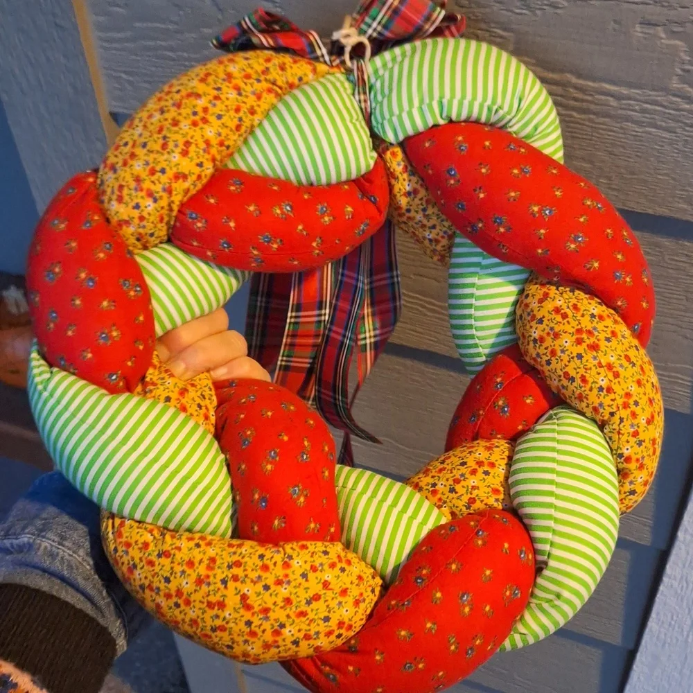 Handmade Vintage Granny Holiday Wreath Plush Wall Decor Patchwork